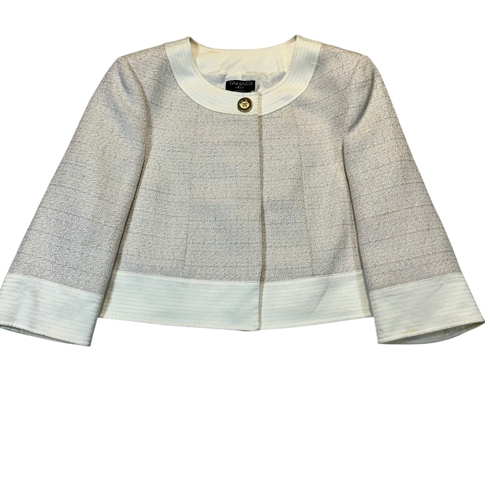 Tahari ASL Cropped Jacket Womens 10 Cream Gold Metallic Tweed Professional Chic